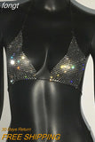 Rhinestone Hollow Mesh Bra Crop Top For Women Sexy See Though Deep V Neck Backless Halter Tank Top Beach Party