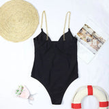Solid Underwire One Piece Swimsuit Women Black Cut Out Metal Strap Push Up High Waist Swimsuit Bathing Suit Monokini