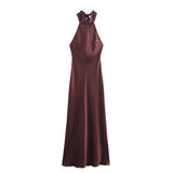 Fongt Women's Clothing 2025 Spring Festive Dress Hanging Neck Collar Silk Texture Dew Back Dress