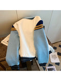 Knitted Contrat Color Patchwork Jacket Women 2023 Spring New Outwear Tops Korean Turn-down Collar Fashion
