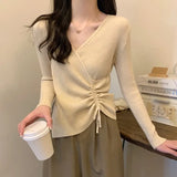 Pullover Long-sleeved V-neck Slim Sweater Cross Pleated Drawstring Knit Top 2023 Spring Autumn New Clothing Women-Outfit