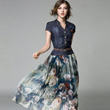 Fongt Summer New Women's Temperament Fashion Denim Dress Sleeveless Splicing Print Mid-Long