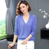 Fongt Summer Empty Hollow Coat Casual Long Sleeve Loose Knit Cardigan Women's V-Neck Thin Top-Outfit