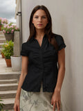 Fongt New Temperamental Femininity Polo Collar Short-Sleeved Shirt Hottie Street Commute Wrinkles On The Top