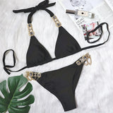 Fongt New Swimwear Crystal Diamond Chain Women's Split Swimsuit Perm Gold Snake Grain Strap Sexy