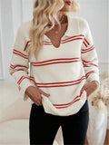 Fongt And Winter Loose V-Neck Stripes Bumpy Long-Sleeved Polo Shirt Sweater