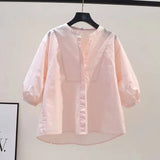 Fongt Lantern Sleeve Cotton Shirt Women Loose Design Casual Shirt 2025 Summer Art Light Blue Top