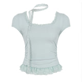 Fongt Hottie Style Solid Color Lace Splicing Short Sleeves Around The Neck Coat Folded Waist Collar Casual T-Shirt Short