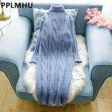 Turtleneck Twist Knitting Dresses Women Warm Candy Color Rib Knited Pullover Dress Elegant Chic Solid Sweater