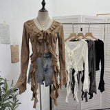 Fongt Wasteland Wind Irregularly Drifted With Lotus Leaf Edge Strap With Hole Open Shirt Short Long Sleeves 9256