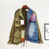 Autumn New Fashion Wild Loose Stitching Blue Khaki Patchwork Denim Jacket