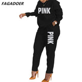 Long Sleeve Women Two Piece Solid Tracksuits Pink Letter Print O Neck Shirt & Casual Slim Pants Set Tracksuits