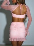 Sexy 2 Pieces Mesh Skirts Women Suits See Through Clubwear Matching Sets Long Sleeve Shirts Tops Ruffles Mini Skirts-Outfit