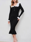 Fongt Retro-Collending Lotus Leaf-Side Elegant Knitted Dress Slimy Temperamental Dress