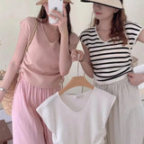 Silk V-Collar Vest Women Draw Rope Waist Design Sense Minority Summer 2024 New Chic Sweater T-Shirt-Outfit