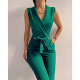Office Lady Solid Color Jumpsuits Hollow Out Design Zipper Pockets Button Belt Decor V-Neck Sleeveless Slim Hips