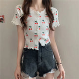 Cherry Short Sleeve T-Shirt Women's Summer Thin Ins Design Small High Waist Short-Sleeveed Knitted Jacket
