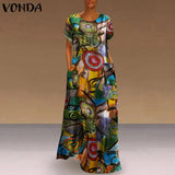 Printed Maxi Dress 2022 Casual Women's Summer Sundress VONDA Bohemian Female Printed Robe Short Sleeve
