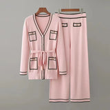 Early Autumn Long-Sleeve Knit Suit Lace-Up Waist Mid-Length V-Neck Cardigan + Wide-Leg Pants Two-Piece