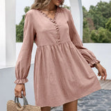 Vintage Front Button Ruffled A-line Dress Lantern Sleeve Deep V neck Solid High Street Mini Dress 2021 Autumn New