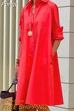 Down Collar Lady Solid Office Dress Elegant Women Club Party Pockets Dresses Casual Patchwork Long Sleeve Loose Waist