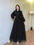 Fongt Retro Elegant Lace Splicing Strap To The Waist Lantern Sleeve Dress Female Thin Temperament Court Style Dress