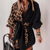Fongt Women's Wear Commuter Print Color Stitching Leopard Print Lace Middle Sleeve Shirt