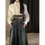 Simple Lapel Neck White Long Sleeve Shirts Women+ Y2k E-Girl High Waist Denim Skirts 2024 Autumn New Two Piece Sets-Outfit