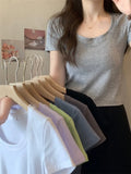 Summer New Cotton T Shirt Women Short Sleeve Slim Solid Basic Tees Femme Casual Tshirt Female Korean U Neck Tops-Outfit