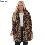 Autumn Winter Womens Coats Slim Casual Leopard Print Stitching Leather Mid-length Long Sleeve Coat Jacket With Pocket