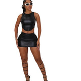 Fongt Fall Women's Fashion Suit PU Sleeveless Vest Cover Hip Short Skirt Suit For Women-Outfit