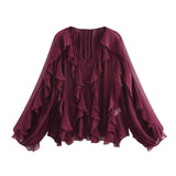 Fongt 2025 New Women's V-Neck Single Buckle Long-Sleeved Cascade Decorative Shirt 10 Colors