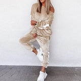 Women O-Neck Velvet Tracksuit Set Loose Long Sleeve Patchwork Pullover Top & Trousers Suit Casual Elastic Waist Pants