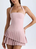 Fongt Style Dress Women 2025 Spring New Temperament Elegant Hanging Neck Sleeveless Solid Color High-Rise 100-Folded