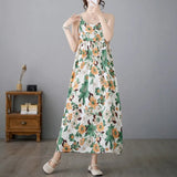 Fongt Summer New Literary And Art Large Print Cotton Dress Women's National Style Sleeveless Slings Long