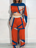 New Plus-Size Women's Wear Two Long-Sleeved Wide-Leg Trousers Printed Suit-Outfit