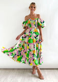 Fongt Summer New Bubble Sleeve Holiday Show Skinny Dress Babes High-Waisted Shoulder-Print Dress Dress Woman