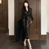 Fongt Sister Style Black Collar Long-Sleeved Dress Women Autumn Body Dress In The Long Dress Open Fork To Close The Waist Tight Lace Skirt