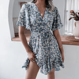 Fongt Leisure Short Sleeve V-Neck Crum Striped Lotus Leaf-Side Dress Women's Clothing