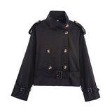 Fongt Women's 2025 New Long-Sleeved Tie With Waist-Slanted Lint Double-Dbutled Short Jacket