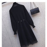 Patchwork Knitted Sweater Dresses For Women Office Ladies High Waist Fake Two Pieces Pullover Dresses