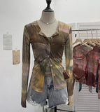 Fongt Babes Tie-Dye Net Yarn Sunscreen Cardigan Two Sets Of Sling Vest + Long-Sleeved Shirt Top 8056