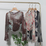 Fongt Not Sultry Hot Tie Dye Net Yarn Long-Sleeved T-Shirt Drawstring Tethered With Short-Sized T-Shirt Horn Sleeve Top 8929