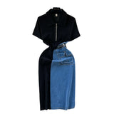 Fongt Port Style Retro Denim Dress Girl Design Bump Color Splicing In The Long Short-Sleeved Temperamental Dress