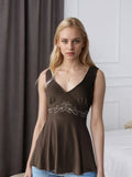 Fongt Vintage Embroidery V-Neck High Belt Vest Design Sensing A Sleeveless Top