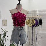 Fongt Industry Bling Bling Glide Hanging Neck Sling Vest One-Style Wrapping Tie With Large Bare Back Blouse 1083
