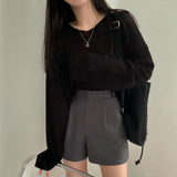 Solid Color V-Neck Oversized Knitted Tee-Outfit