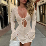 Fongt Beach Dress Sexy Hollow Perspective Knitted Long-Sleeved Bikini Shirt Sunscreen Woman