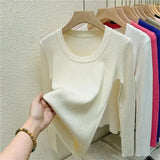Photos U-neck Knitted Sweater For Women's Autumn Long Sleeved Top Girls Simple Base Jumper GT8311-Outfit