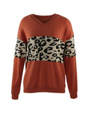 Fongt Autumn And Winter New V-Neck Spliced Knitted Shirt Women's Jacket Leopard Print Women's Sweater